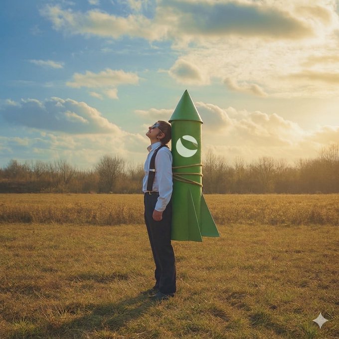 A man stands in a field wearing a green rocket pack featuring the Terra Classic (LUNC) logo, ready for liftoff. This visually represents the post's excitement about the potential rise of LUNC.