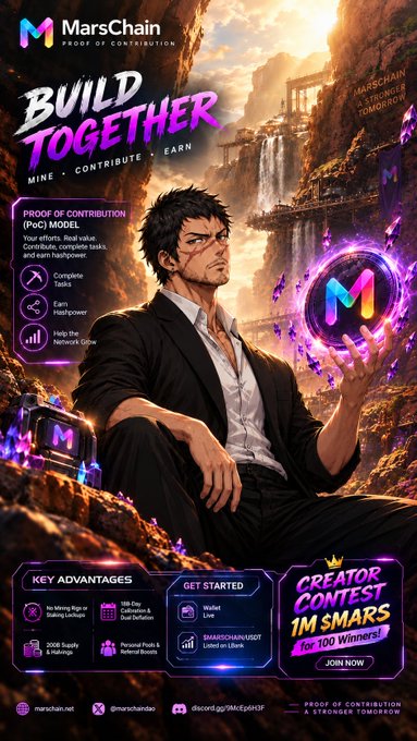 A promotional poster for "MarsChain" featuring anime-style artwork and text reading "BUILD TOGETHER" and "PROOF OF CONTRIBUTION (PoC) MODEL."