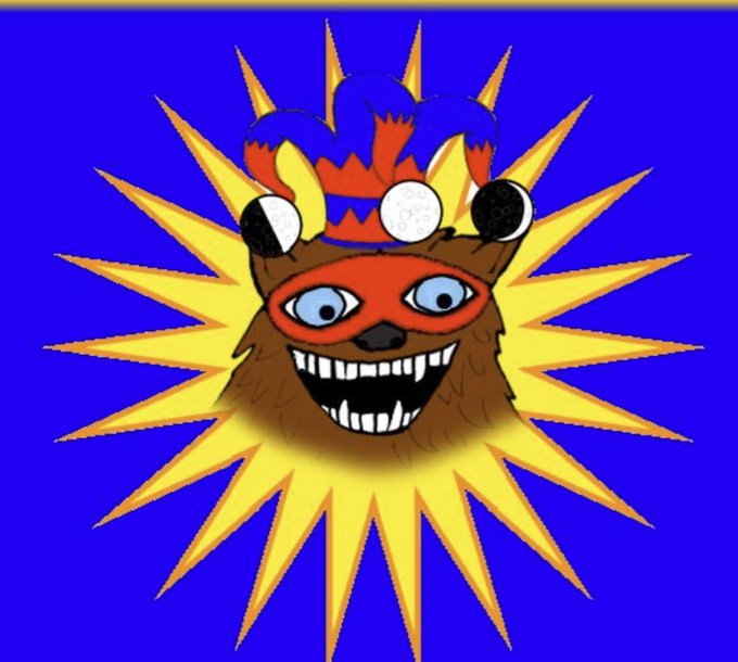A cartoon illustration of a furry character wearing a jester hat and red mask with a wide toothy grin, set against a blue background with yellow sun rays.