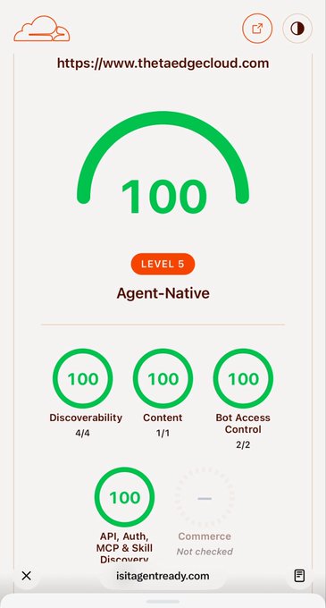 A mobile screenshot from isitagentready.com showing that thetaedgecloud.com scored a perfect 100/100 ("Agent-Native," Level 5) across Discoverability, Content, Bot Access Control, and API/Auth/MCP & Skill Discovery, visually supporting the post's claim that Theta is agent-ready.