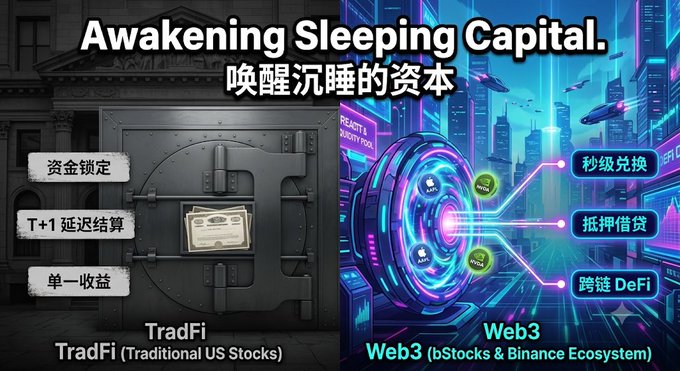 A side-by-side comparison illustrating the shift from TradFi's locked vault model ("资金锁定," "T+1 延迟结算," "单一收益") to Web3's dynamic liquidity hub ("秒级兑换," "抵押借贷," "跨链 DeFi"), under the headline "Awakening Sleeping Capital / 唤醒沉睡的资本," reinforcing the post's argument that tokenizing stocks unlocks capital efficiency beyond mere accessibility.