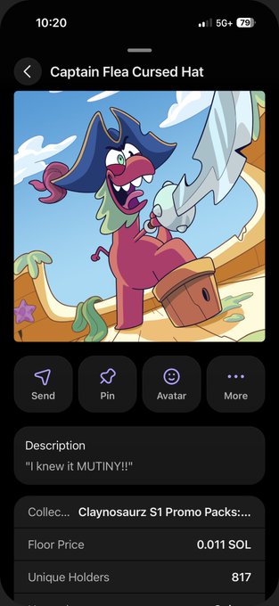 A smartphone screenshot showing an NFT collection item titled 'Captain Flea Cursed Hat' from 'Claynosaurz S1 Promo Packs', featuring a cartoon pirate character.