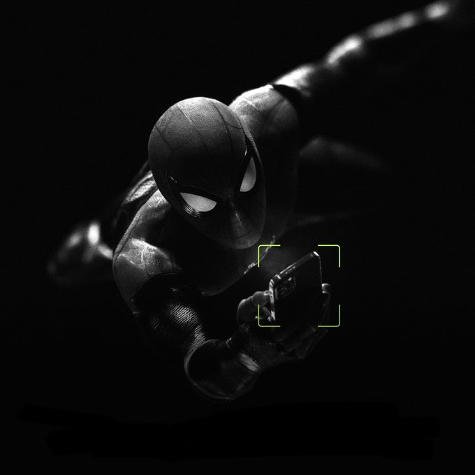 Spider-Man in his black suit crouches in shadow while holding up a smartphone, marked with a camera focus bracket, symbolizing the dawn of a new financial era captured through digital technology.