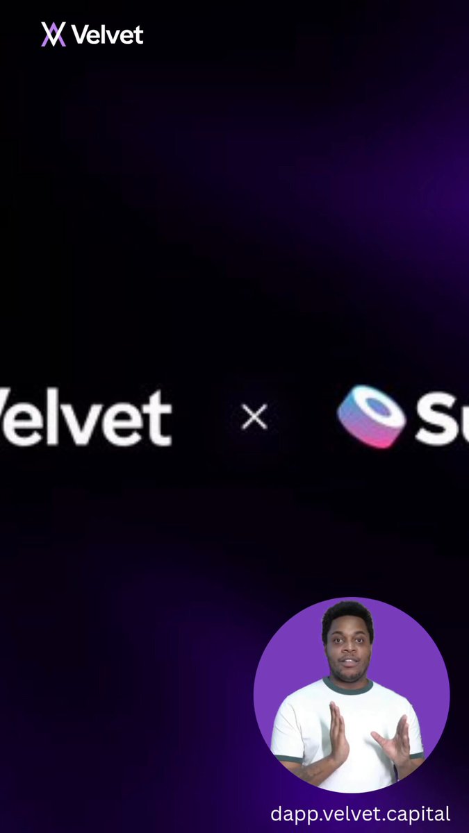 The image shows a man standing next to a purple background with the words "Velvet" written above him. The man appears to be making a gesture or giving an explanation related to the content of the image, which seems to be about trading on Velvet.