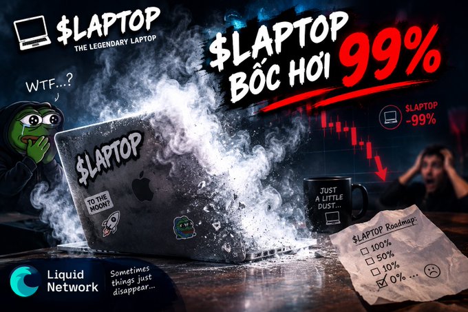 A meme-style graphic features a smoking laptop labeled '$LAPTOP' alongside text reading 'BỐC HƠI 99%' and a '$LAPTOP Roadmap' checklist, with a 'Liquid Network' logo in the corner.