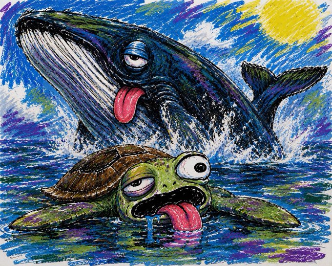 A colorful cartoon illustration of a whale and a turtle making silly faces and sticking out their tongues in the ocean under a bright sun.
