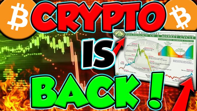 A bold, fiery YouTube thumbnail displays the text "CRYPTO IS BACK!" with Bitcoin logos, flame graphics, and candlestick charts in the background, along with a screenshot of a market cycle article. The post promotes an emergency live stream about altcoins being ready for major breakouts, and the thumbnail's energetic "CRYPTO IS BACK!" message visually reinforces the bullish, urgent tone of the announcement.