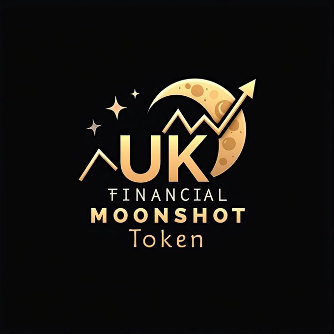 A logo for "UK FINANCIAL MOONSHOT Token" featuring a golden crescent moon with an upward-trending arrow and a starry night sky on a black background.
