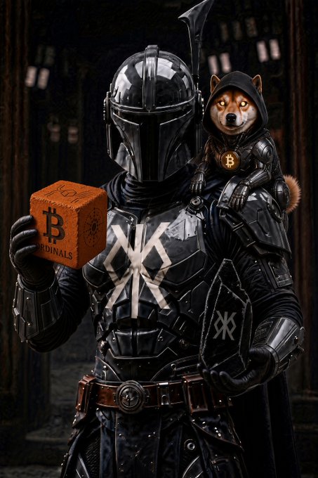 A digital artwork of a Mandalorian-style warrior in black armor holding an orange 'Bitcoin Ordinals' cube in one hand, with a Shiba Inu dog wearing a Bitcoin medallion perched on his shoulder, featuring Norse-inspired symbols on the armor.