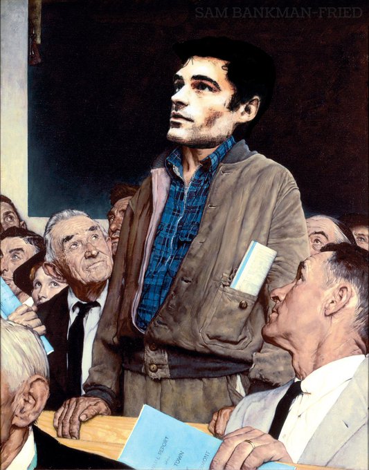 A Norman Rockwell-style painted portrait of a young dark-haired man standing tall in a brown jacket and blue plaid shirt among a crowd of seated older people, with 'SAM BANKMAN-FRIED' text at the top.
