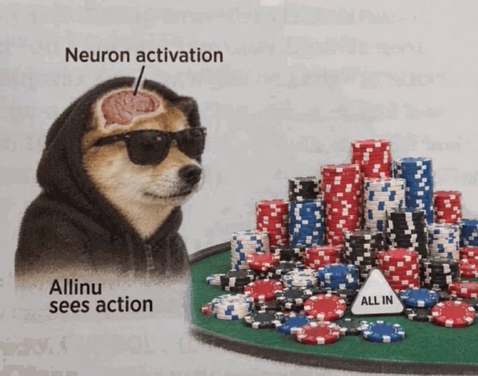 A meme featuring a dog in sunglasses and a hoodie with a brain visible on its head, captioned 'Neuron activation' and 'Allinu sees action', sitting at a poker table with stacks of chips and an 'ALL IN' triangle.