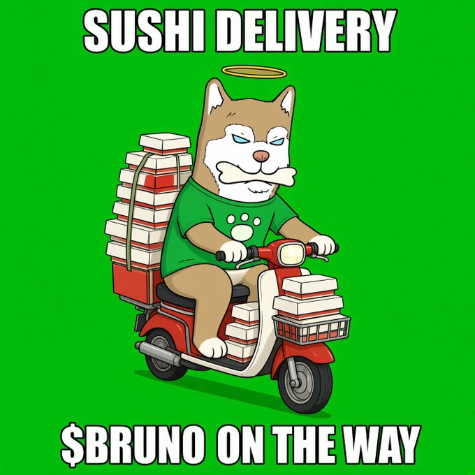 A meme image with green background shows a Shiba Inu dog wearing a green shirt riding a red scooter loaded with takeout containers, with text reading 'SUSHI DELIVERY' at the top and '$BRUNO ON THE WAY' at the bottom.