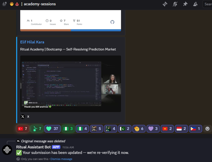 A Discord screenshot of the academy-sessions channel showing a GitHub repository with 7 stars and 51 forks, and a message from Elif Hilal Kara titled 'Ritual Academy | Bootcamp — Self-Resolving Prediction Market' with various emoji reactions including hearts and flags.