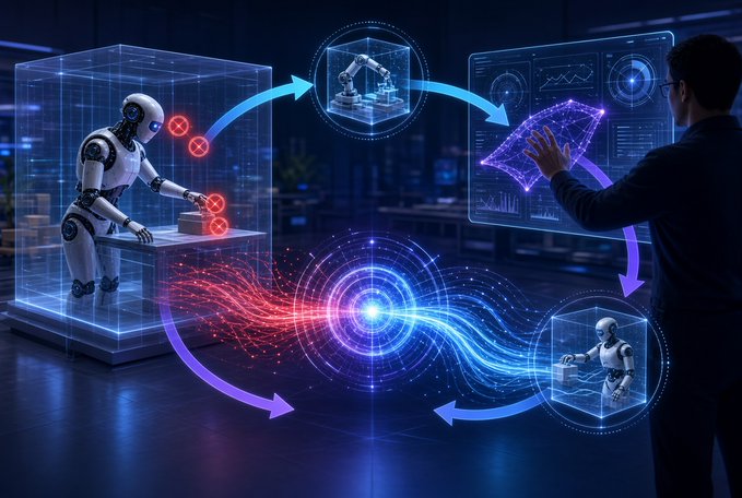 A digital illustration depicting a futuristic scene of a human interacting with holographic AI and robotic systems connected by glowing arrows.