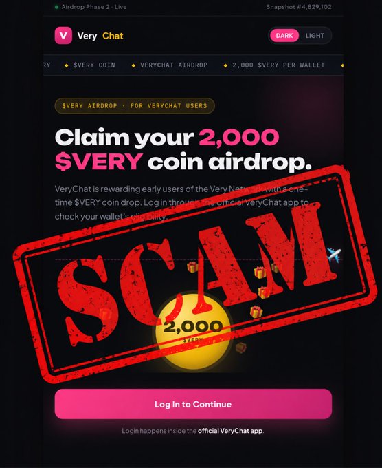 A screenshot of a fraudulent "Very Chat" website claiming to offer a 2,000 $VERY coin airdrop is stamped with a large red "SCAM" warning, illustrating the post's caution that no separate airdrop site exists and that the legitimate $VERY token migration is automatic with no claim or wallet connection required.