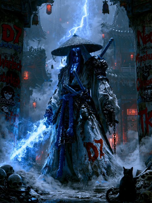 A dark fantasy illustration of a masked ronin figure in tattered robes holding a glowing blue lightning sword, surrounded by skulls, with 'D7' graffiti in red.