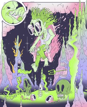 A colorful, surreal illustration depicting a green furry creature hanging from stalactites above a vibrant, otherworldly cave filled with skulls and strange characters.