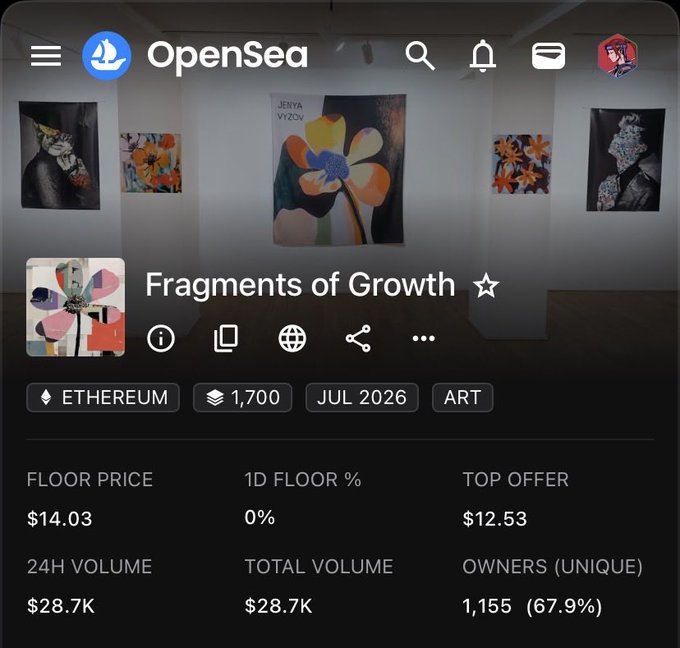 An OpenSea NFT marketplace listing for 'Fragments of Growth' on Ethereum, showing a floor price of $14.03 and 24H volume of $28.7K.