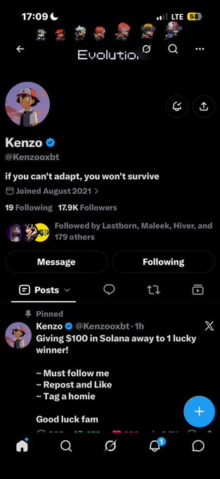 A Twitter/X profile for Kenzo (@Kenzoxbt) with 17.9K followers, featuring a pinned post announcing a $100 Solana giveaway with the tagline "if you can't adapt, you won't survive."