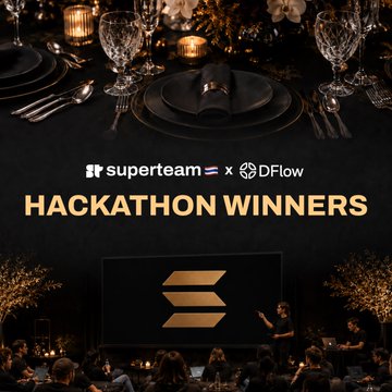 An announcement graphic for 'HACKATHON WINNERS' by superteam x DFlow, set against a dark elegant background with a dinner table setting, crystal glassware, and a stage display featuring the Superteam logo.