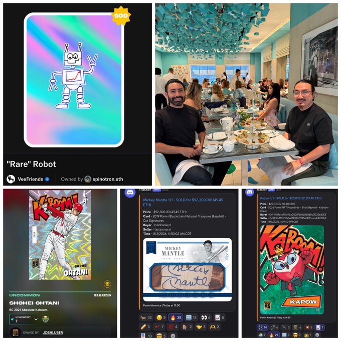 A collage showing a "Rare" Robot VeeFriends NFT (owned by spinotron.eth), two men at a restaurant table, and digital baseball cards including "KBOOM!" Shohei Ohtani ("218/219", owned by JOSHUBER) and a Mickey Mantle 1/1 that sold for $92,300.00 ETH on PancakeSwap.