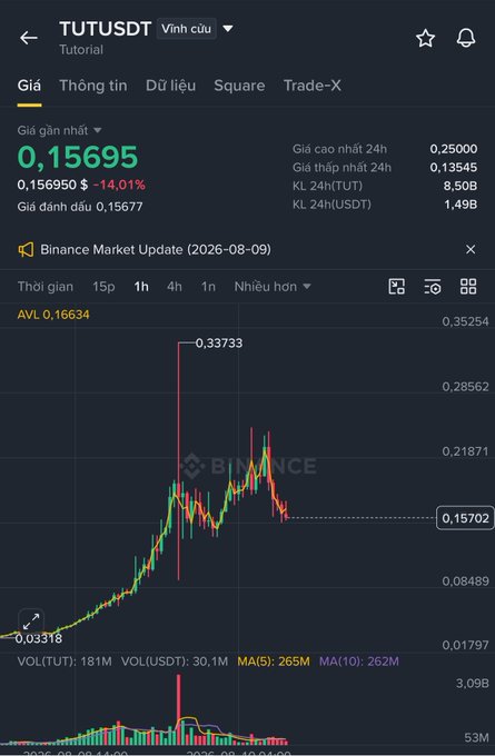 A Binance cryptocurrency chart for TUTUSDT showing a price of 0.15695, down 14.01%, with a 24h high of 0.25000 and 24h low of 0.13545.