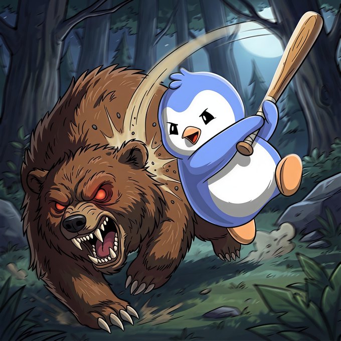 A cartoon illustration showing a blue penguin wielding a baseball bat to strike a fierce, red-eyed brown bear in a forest setting.