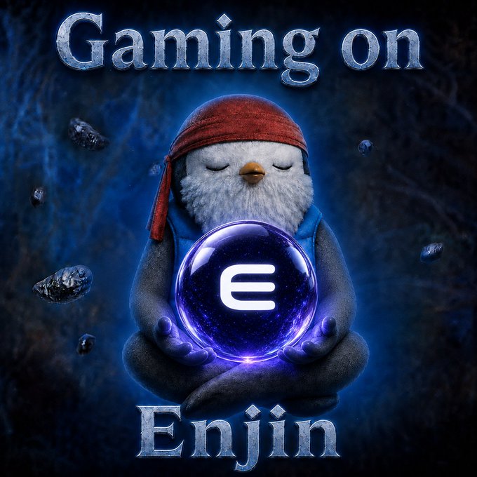 A promotional graphic displays a meditating penguin character holding a glowing purple orb with the 'E' logo, surrounded by the text 'Gaming on' at the top and 'Enjin' at the bottom.