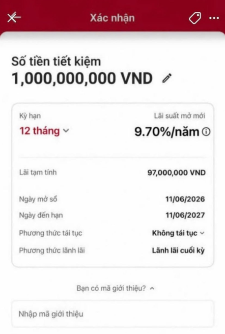 A Vietnamese banking app confirmation screen showing a savings account (Sổ tiết kiệm) of 1,000,000,000 VND for a 12-month term at 9.70%/year, with 97,000,000 VND estimated interest, open date 11/06/2026 and maturity 11/06/2027, marked as non-renewing with end-of-term interest payout.