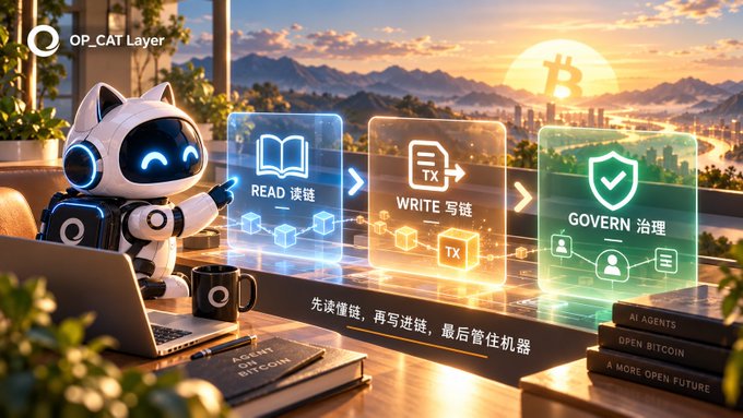 A futuristic AI-themed image showing a small robot character next to three holographic panels labeled READ 读链, WRITE 写链, and GOVERN 治理, with a Bitcoin logo in the sunset background.