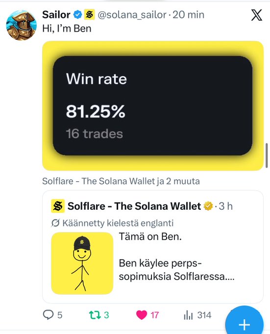 A social media post by user 'Sailor' (@solana_sailor) highlighting an 81.25% win rate over 16 trades, referencing Solflare - The Solana Wallet.