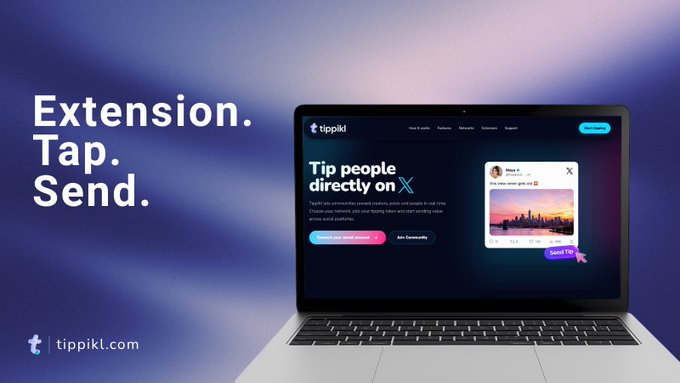 A promotional image for tippkl.com with text "Extension. Tap. Send." next to a laptop displaying the tippkl website for tipping on X.
