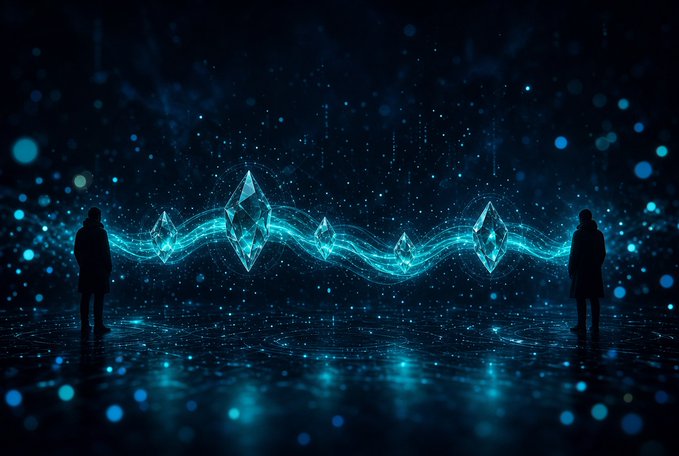 A futuristic digital artwork showing two silhouetted figures facing each other across a glowing blue stream of interconnected crystalline shapes and digital particles in a dark space.