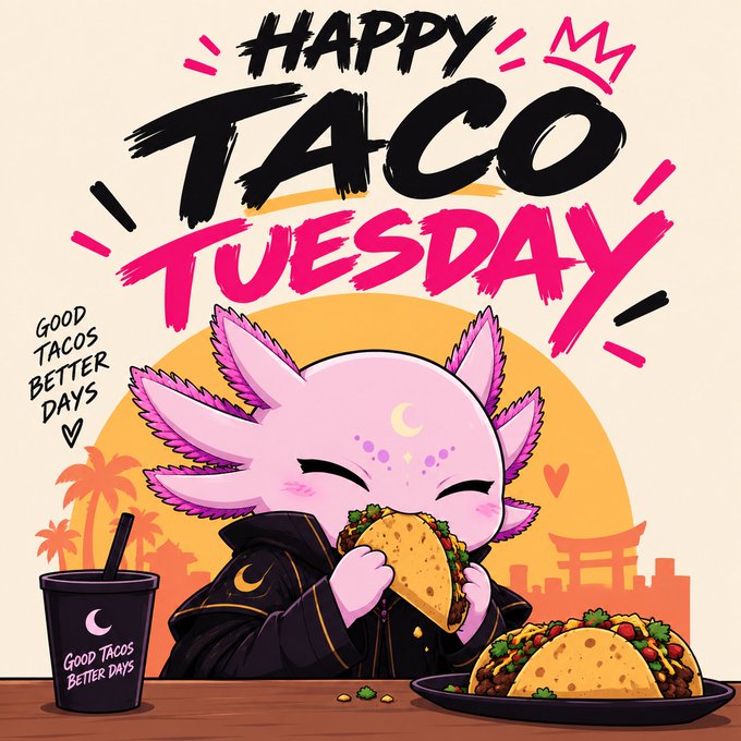 A cute axolotl character wearing a dark cloak enjoys eating tacos, with bold text reading 'HAPPY TACO TUESDAY' and 'GOOD TACOS BETTER DAYS' displayed above.