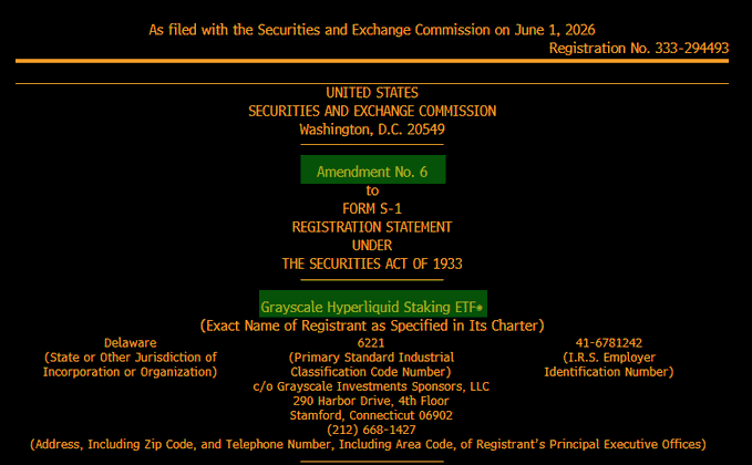 The image shows a webpage with a lot of black text against a dark background. The title of the webpage reads "As filed with the Securities and Exchange Commission on June 1, 2016, 331334 Registration No. 133344". The website is about an ETF called "Grayscale Hyper Liquid ETF", which has been set to launch this week according to an analyst named James Seyffart.