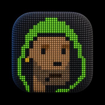 An iOS app icon featuring a pixelated female face with green hair on a black background.