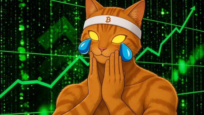 An illustrated orange tabby cat wearing a Bitcoin logo headband cries with large blue tears, its hands on its cheeks, set against a background showing green cryptocurrency price charts and the Binance logo.