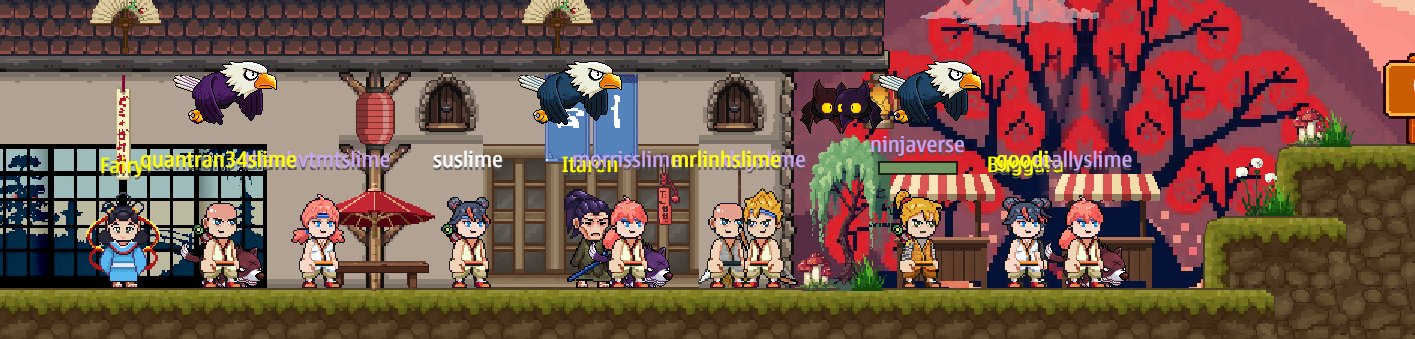 A pixel art RPG scene from Ninjaverse on Monad shows multiple ninja characters labeled with names like "Eddyquadtrain345," "vimesuslime," "Italianesslimerinhslime," "ninijaverse," and "gooodrallyslime" standing before Japanese-style buildings and red maple trees, with eagle enemies flying overhead.