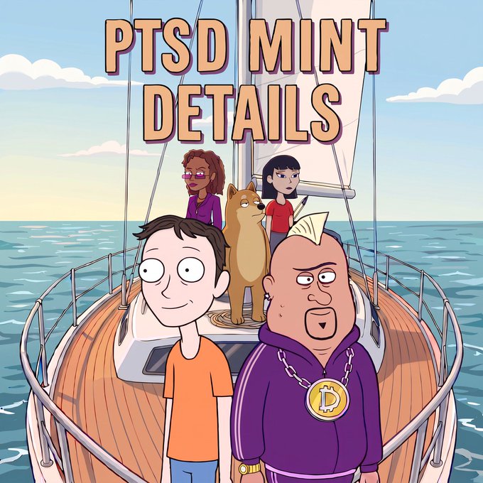 An animated illustration with the text "PTSD MINT DETAILS" showing two characters in the foreground with a dog and two women on a sailboat in the background; one character wears a purple tracksuit with a Bitcoin chain.