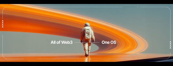 An astronaut walks toward sweeping orange light trails, captioned "All of Web3 — One OS," symbolizing the convergence of decentralized technology. The imagery reflects the post's message of uniting Web3 under a single, privacy-first operating system where AI inference is verifiable and cryptographically accountable.