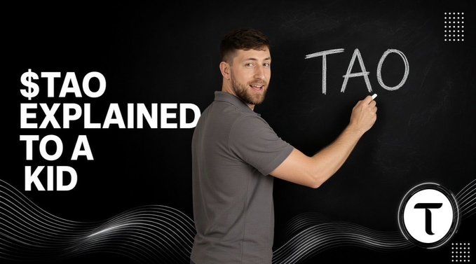 A man in a gray polo shirt writes '$TAO' on a blackboard, with overlay text reading '$TAO EXPLAINED TO A KID' alongside a logo featuring the letter 'T'.