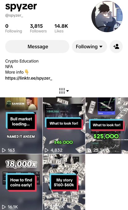 The image shows a TikTok profile for user "spyzer_" (@spyzer_), featuring 3,815 followers and 14.8K likes, with the bio "Crypto Education NFA" and a linktr.ee link. The displayed videos include clips titled "Bull market loading..." (tagged "NAMED IT ANSEM") with 163 views, "What to look for!" videos showing profits of $46,000 and $25,000, "18,000x" titled "How to find coins early!" with 16.1K views, and "My story $160-$60k" with 26.6K views—aligning with the post's call to support a video promoting the $ANSEM meme coin to newcomers.