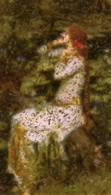 An impressionistic painting of a nude female figure wearing a red headpiece, rendered in an abstract style with visible brushstrokes.