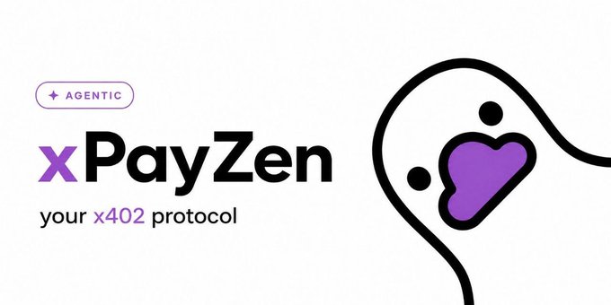 A promotional graphic for xPayZen featuring the tagline "your x402 protocol" alongside an "AGENTIC" badge, with a stylized ghost-like mascot holding a purple heart. The image visually reinforces the post's message about xPayZen's agentic x402 payment rails on BNB Chain, emphasizing its crypto-native invoicing and settlement capabilities for AI agents and enterprise apps.
