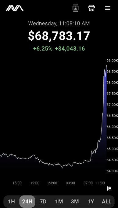 A mobile stock trading app displays a balance of $68,783.17 with a +6.25% (+$4,043.16) gain on Wednesday at 11:08:10 AM, accompanied by a 24-hour price chart showing a sharp upward spike.