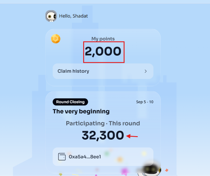 A user profile dashboard for "Shadat" shows a balance of "2,000" My points (highlighted in red) alongside an active "Round Closing" participation titled "The very beginning" with 32,300 points (highlighted with a red arrow), illustrating the unclaimed Daily Quest rewards users need to collect before the daily UTC midnight reset on Alphea Network Connect.