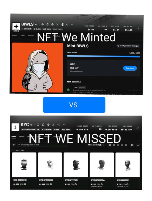 A comparison graphic showing two NFT collections: 'NFT We Minted' featuring the BIWLS project with an orange background and hooded character, and 'NFT WE MISSED' showing the KYC collection by Yoshi.LCZWS with a price of 0.349 ETH.