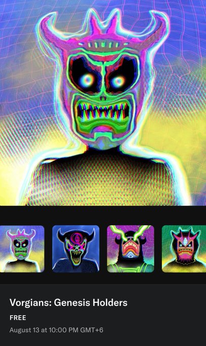Vibrant NFT artwork featuring colorful horned demon masks titled 'Vorgians: Genesis Holders' with a FREE mint on August 13 at 10:00 PM GMT+6.