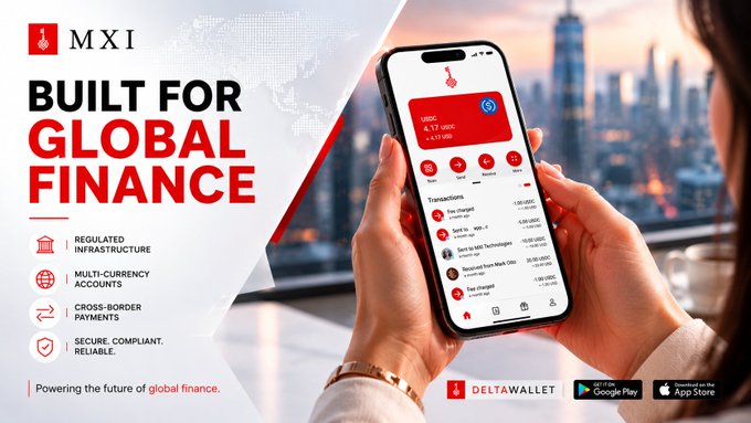 The image shows a person holding up an iPhone displaying a screen with a red background, which appears to be a mobile banking app or financial management tool. The app features a map of the world and offers various services such as currency conversion, international payments, and budget tracking. The text on the image reads "Built for Global Finance", indicating that the app is designed for use in global financial contexts.