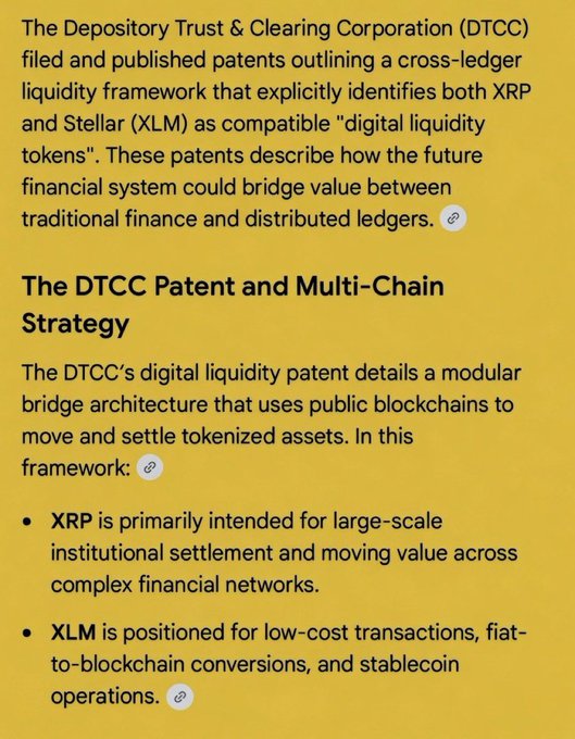 The image shows a yellow background with black text that reads "The DTCC Patent and Multi-chain Strategy". Below this, there are two bullet points explaining the strategy. The first point states that the DTCC's digital liquid patent is used for identifying both traditional financial assets and distributed ledger tokens as compatible "digital liquidity". The second point explains how the DTCC's digital liquid patent can be used to identify both traditional financial assets and distributed ledger tokens, stating that this method could bridge value between these two types of assets.